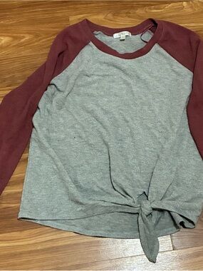 Women's Tie-Front Raglan Long Sleeve Top - Gray and Maroon